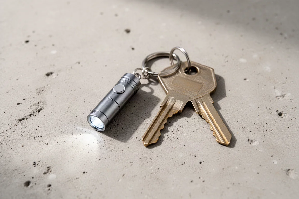 Lanterna minúscula AAA comparada a uma chave de casa para escala