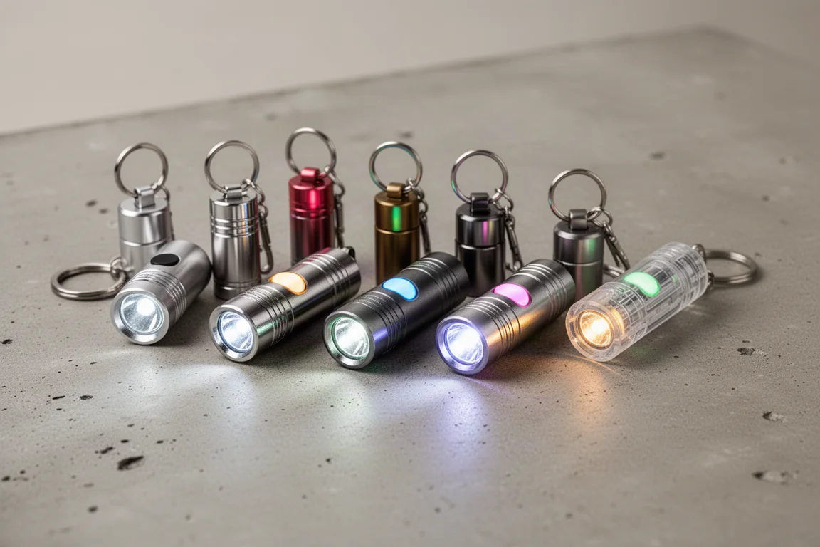 Row of eight compact keychain flashlights in different materials on a concrete surface