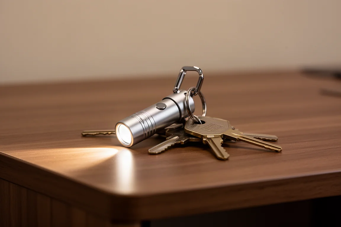 Keychain flashlight hanging on keys on a desk in soft evening light