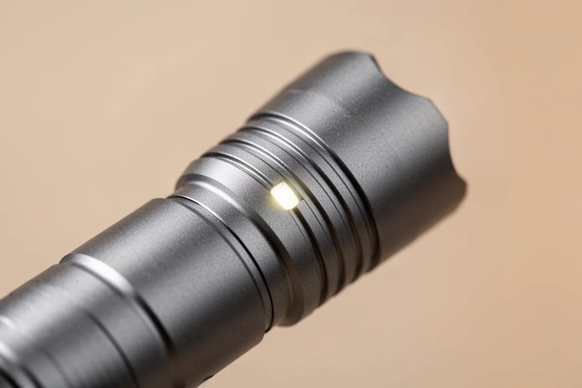Close-up of a flashlight twist head showing charge indicator glow