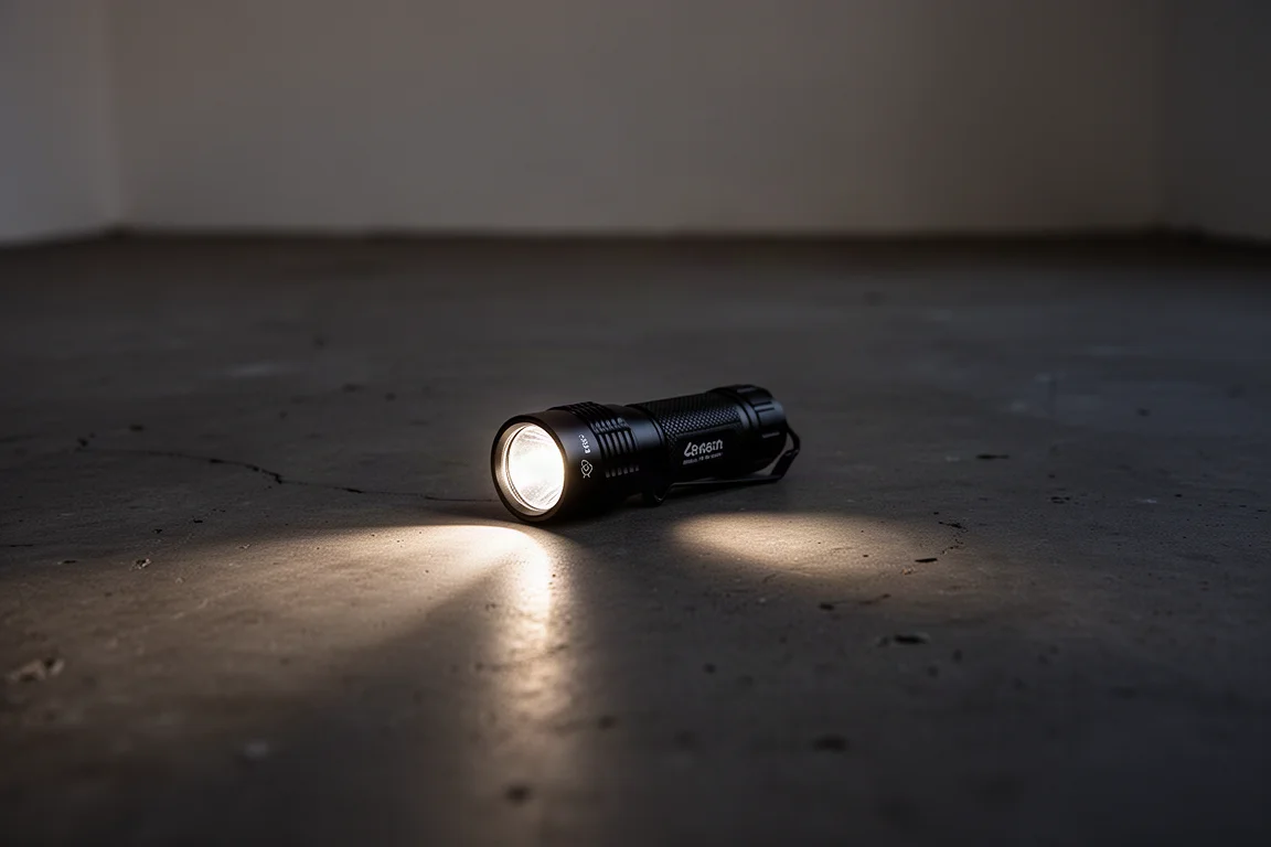 Small flashlight casting a soft low light beam across a dark surface