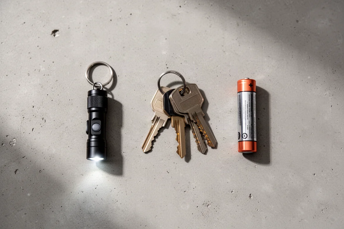 Flat-lay of keychain flashlight, keys, and lithium battery on concrete