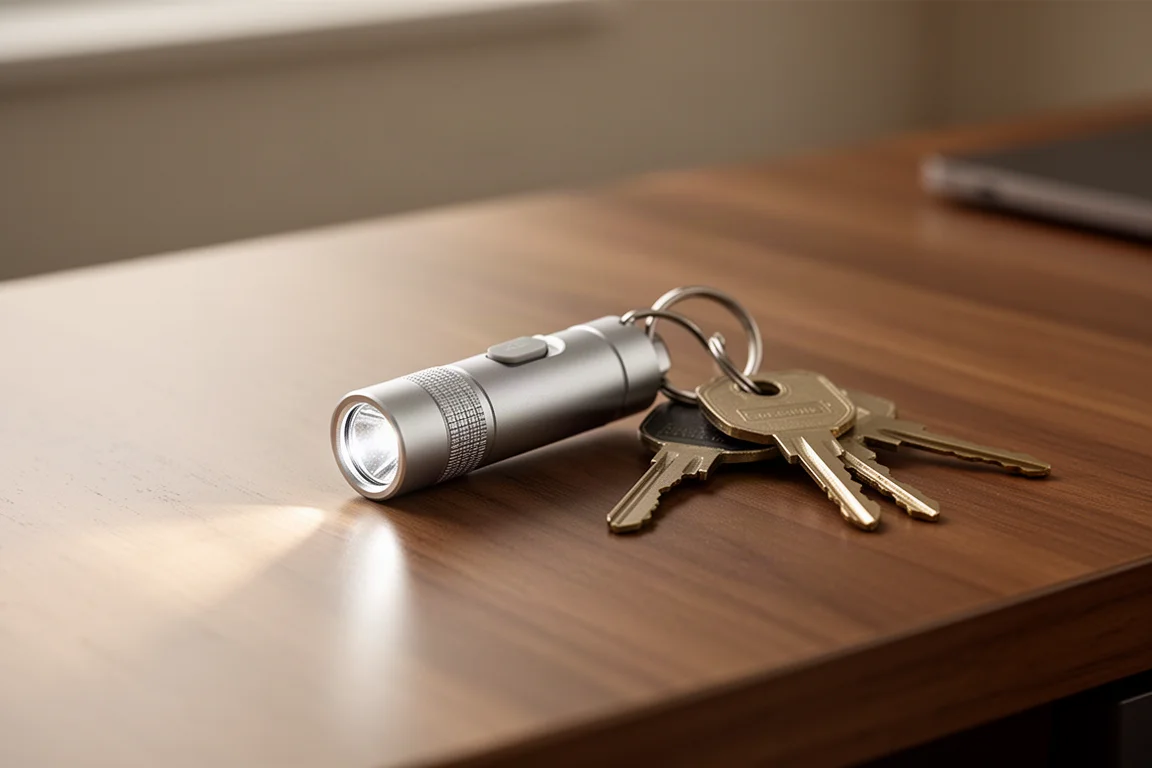 Small keychain flashlight clipped to a key ring on a wooden desk