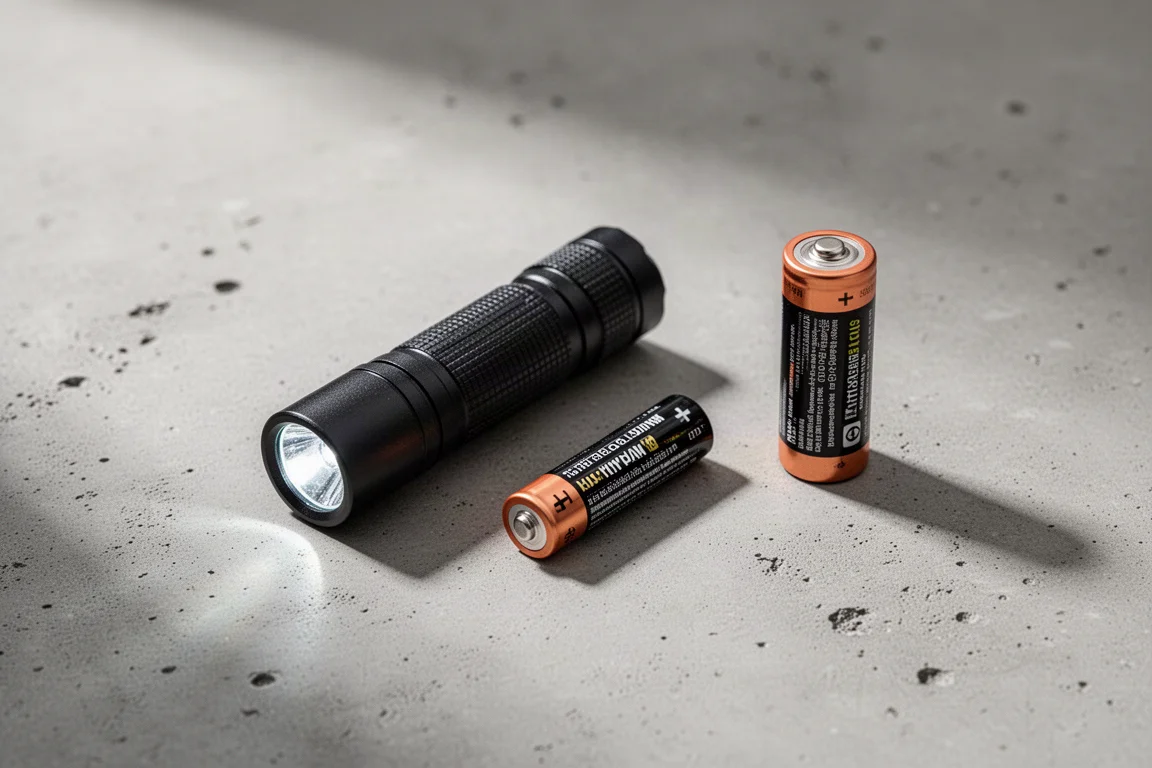 AAA and lithium batteries placed beside a small flashlight