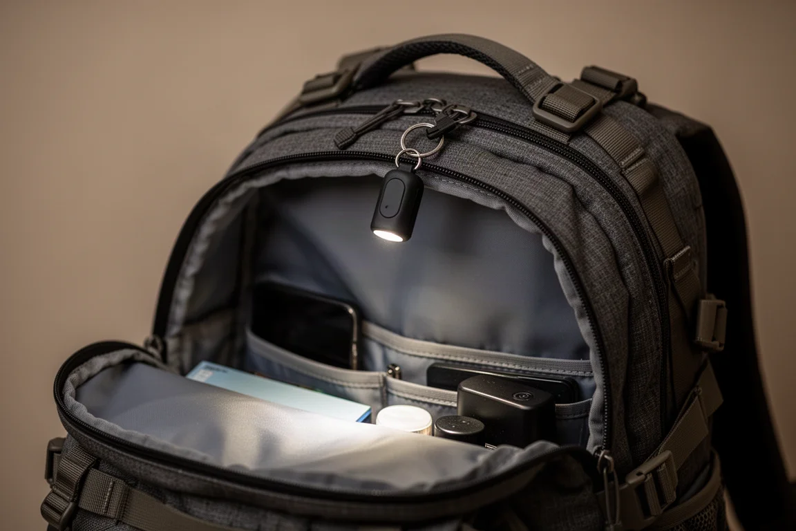 Small flashlight illuminating the inside of an open backpack