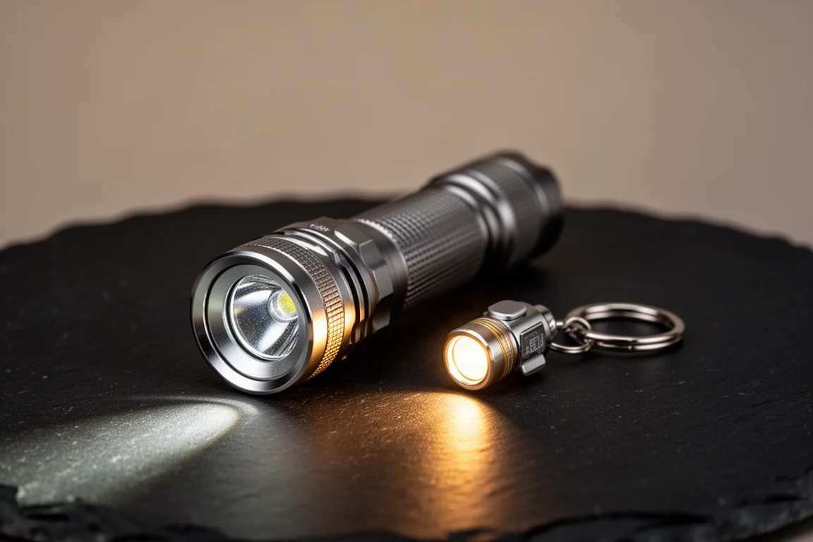 Premium metal flashlight with rotating bezel beside a small budget light
