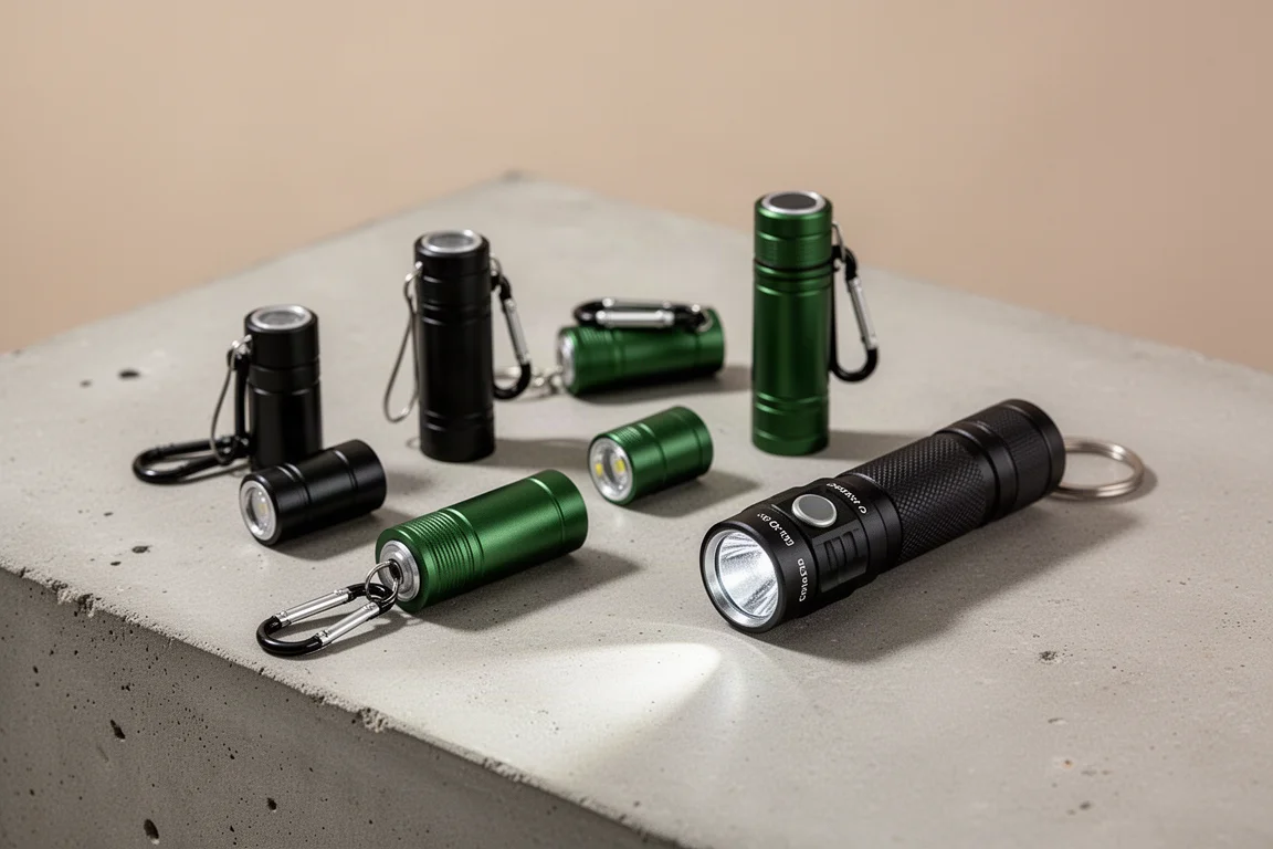 Verzameling compacte sleutelhangerzaklampen in zwart en groen op een betonnen ondergrond