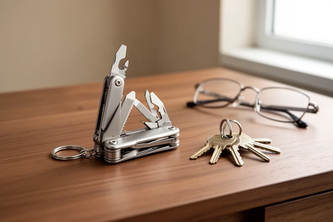 Compacte multitool voor aan de sleutelhanger liggend op een houten bureau naast een stel sleutels