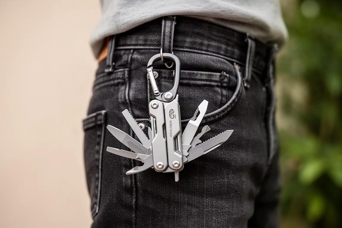 Multitool geklemd aan een broekriemlus buiten