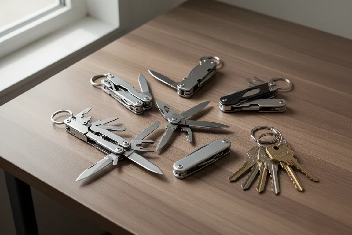 Assortiment de petits porte-clés multifonctions posés sur un bureau en bois