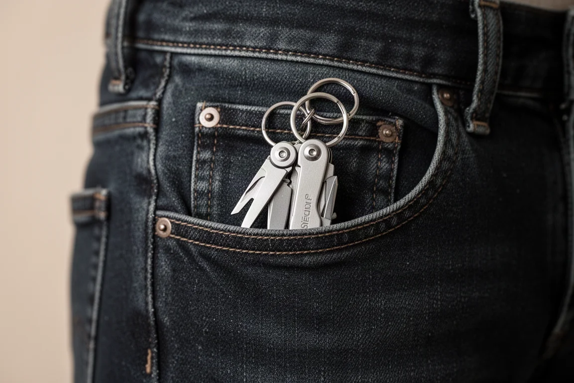 Porte-clés multifonction compact accroché à la cinquième poche d'une veste