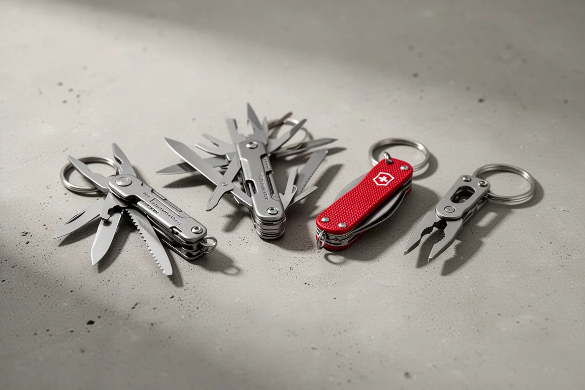 Raccolta di piccoli multitool da portachiavi disposti su una superficie di cemento