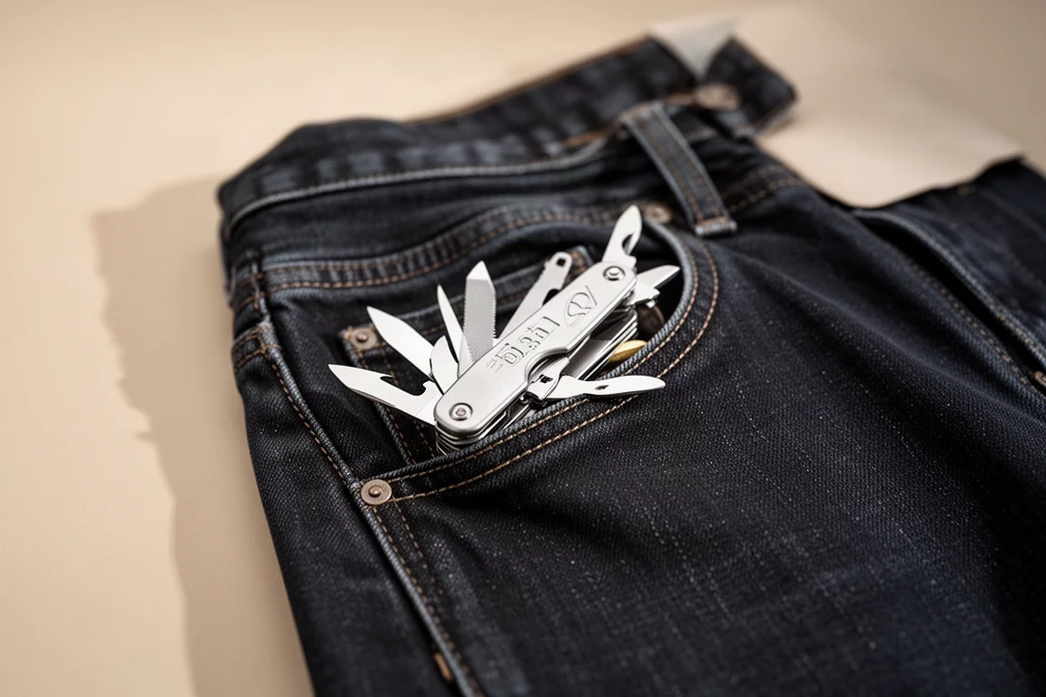 Multiferramenta pequena deslizando no bolso frontal de uma calça jeans