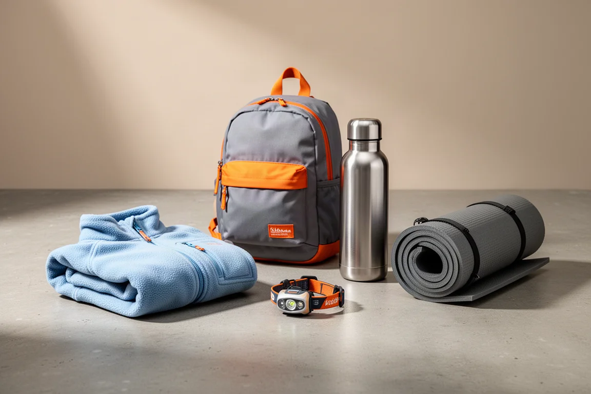 Children's outdoor gear including fleece, daypack, water bottle, headlamp, and sleeping kit on concrete