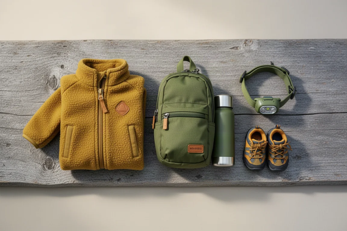 Attrezzatura outdoor per bambini disposta su legno consumato, vista dall'alto