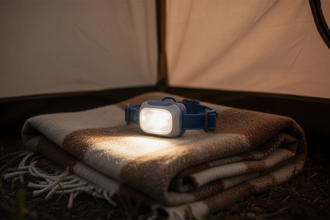 Piccola lampada frontale accesa su una coperta da campeggio dentro una tenda