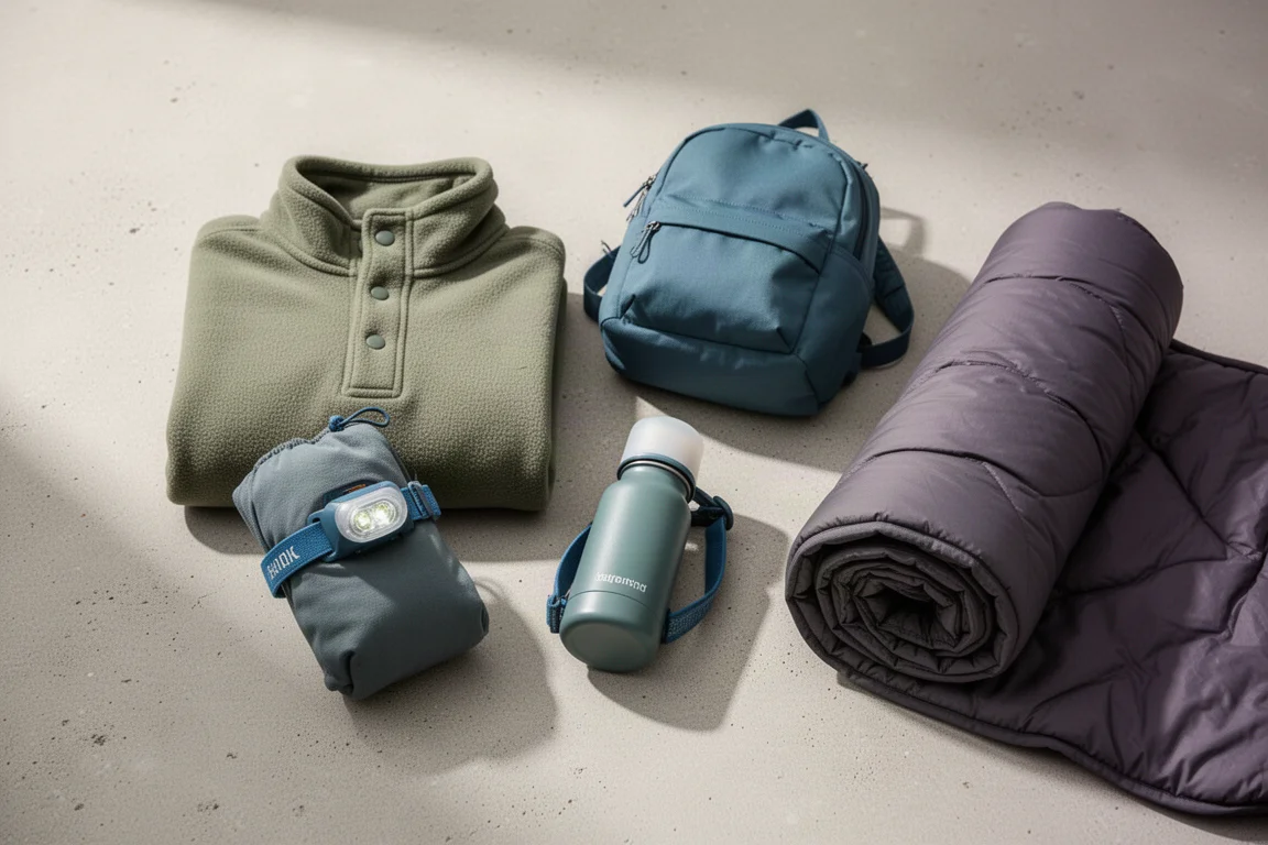 Flat lay of children's fleece, daypack, water bottle, headlamp, and youth quilt on concrete