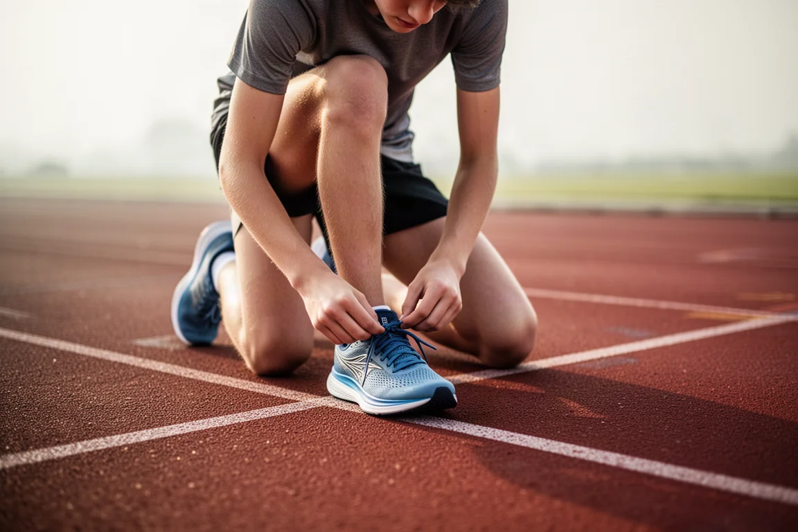 Giovane corridore che allaccia le scarpe da running su una pista prima dell'allenamento
