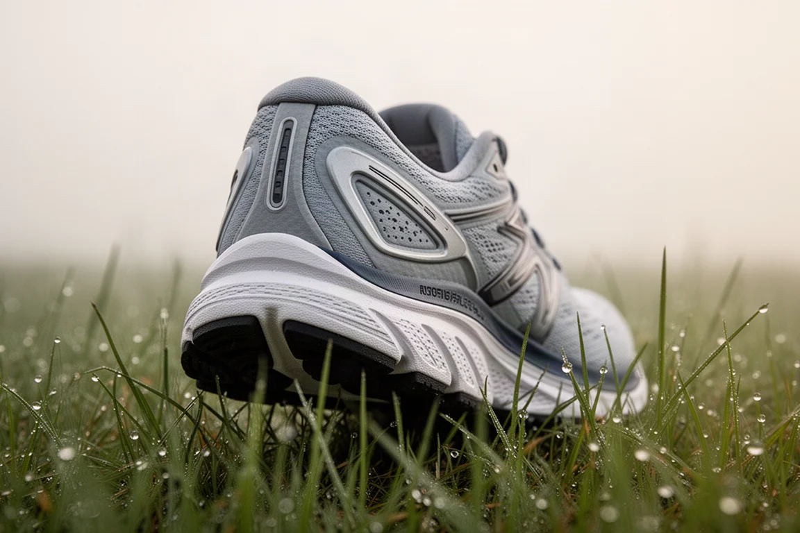 Tacco e suola esterna di una scarpa da running su erba soffice