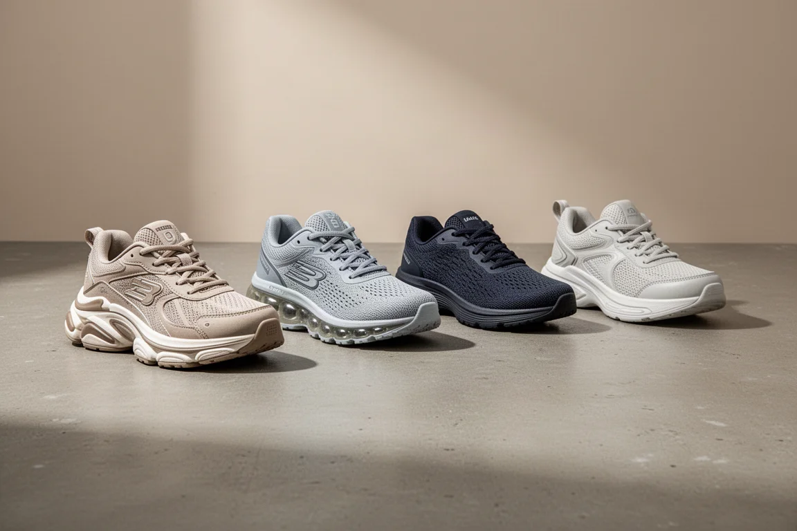 Cinque scarpe da running per bambini disposte in fila su una superficie di cemento