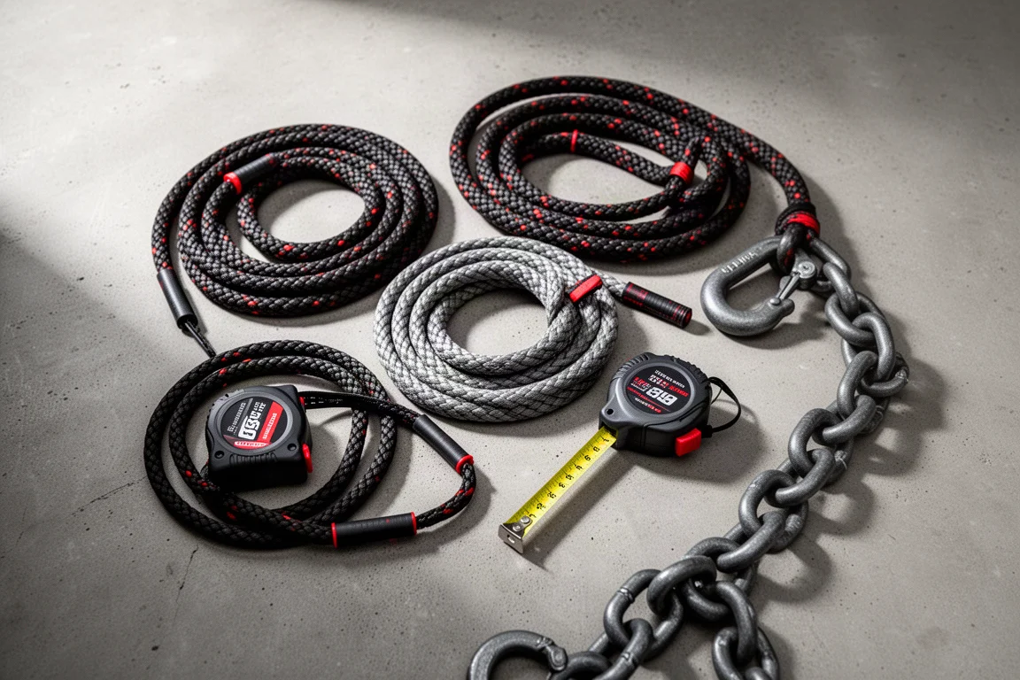 Aufgewickelte Kinetic Recovery Ropes auf Beton mit einem Maßband ausgelegt