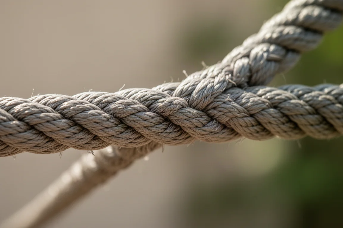 Nahaufnahme eines geflochtenen Seils unter Spannung mit erkennbaren Strangdetails