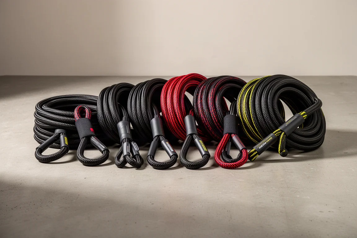 Sieben aufgewickelte Kinetic Recovery Ropes in einer Reihe auf einer Betonoberfläche