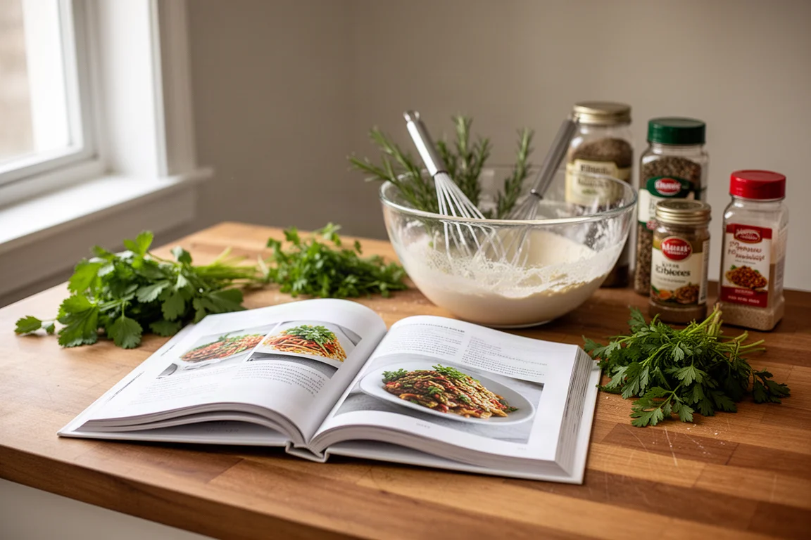 Open cookbook on a kitchen counter next to a bowl of fresh ingredients