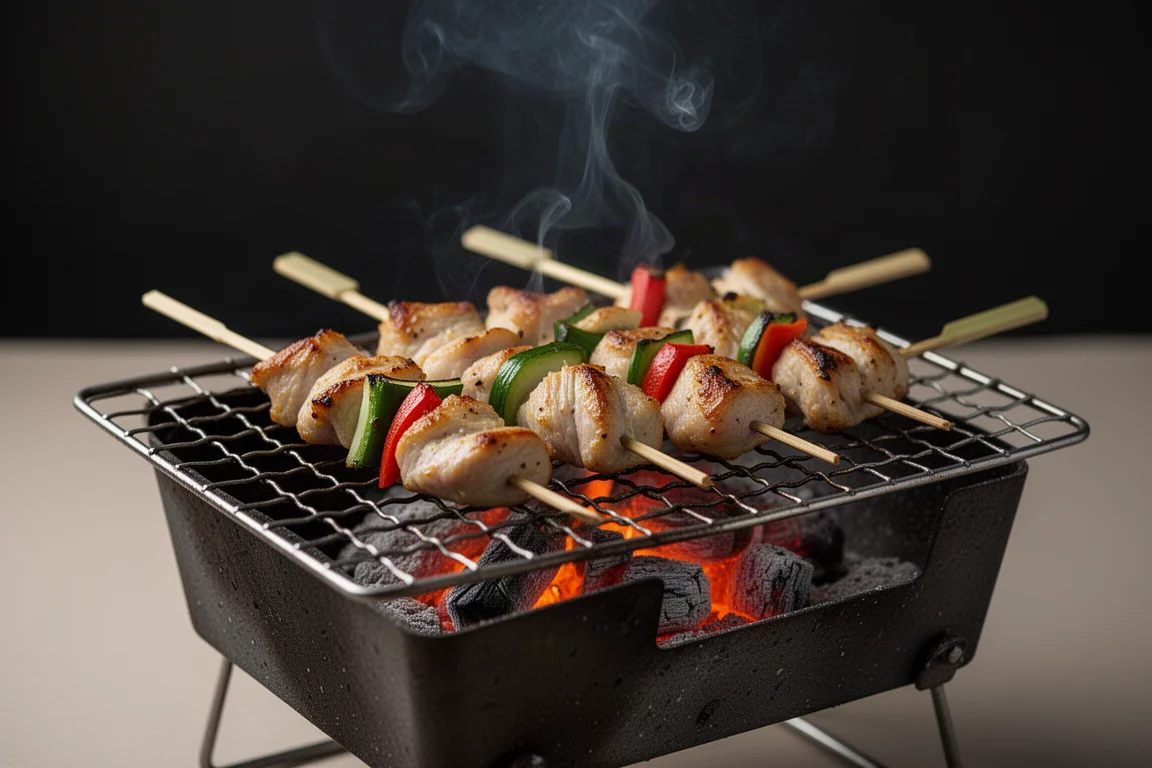 Small charcoal grill with skewers cooking over glowing embers