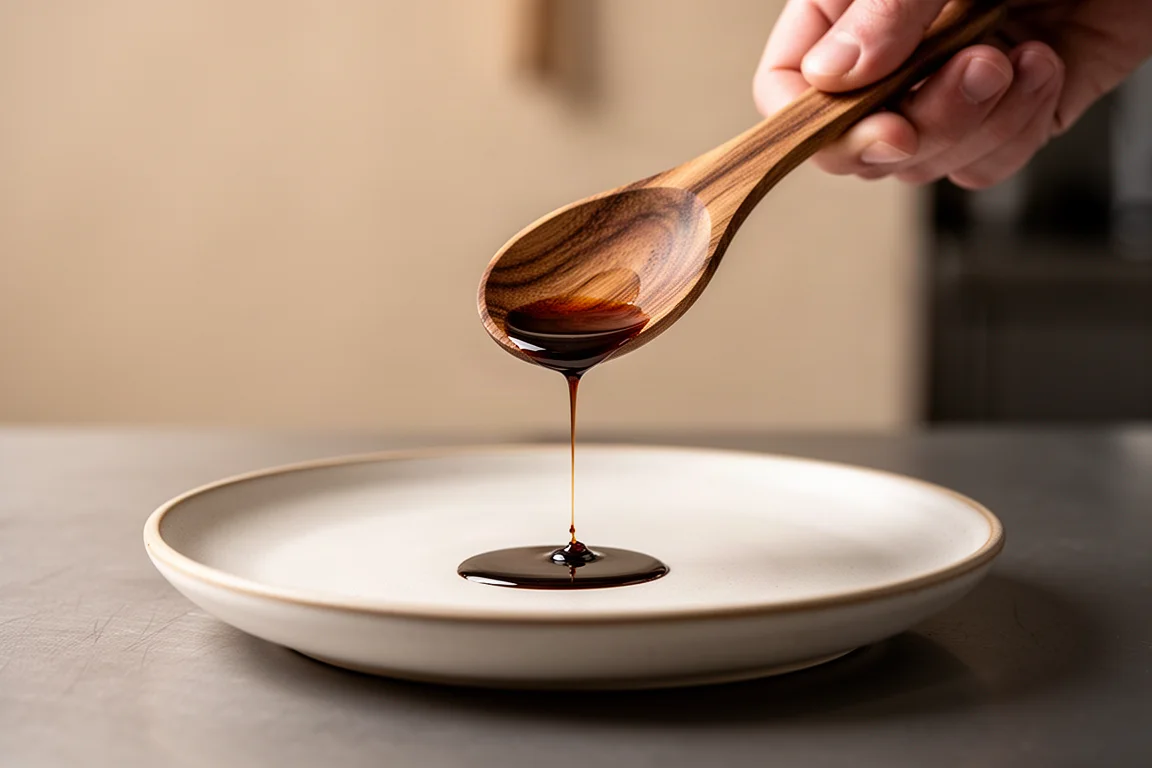 Chef's spoon drizzling sauce onto a plated dish