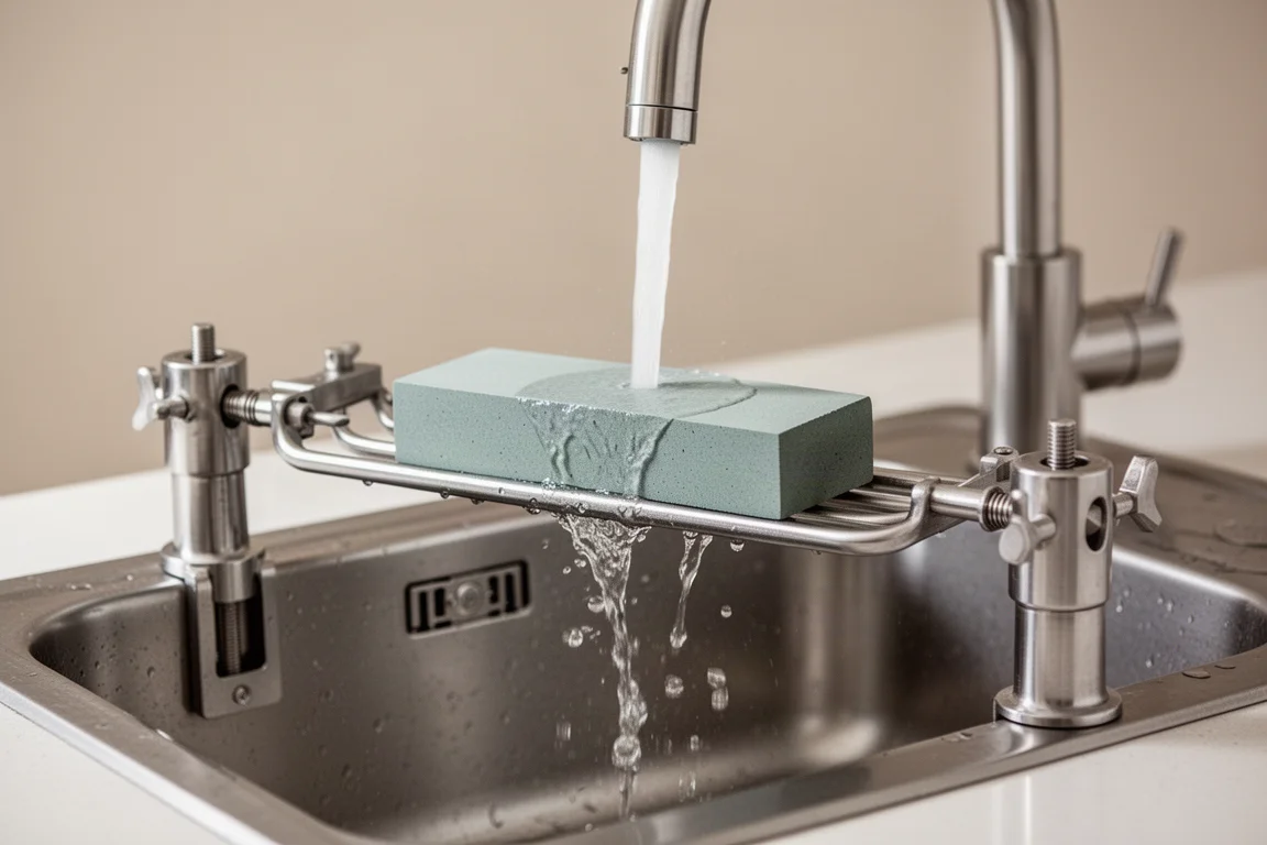 Sharpening stone bridged over a kitchen sink with water running