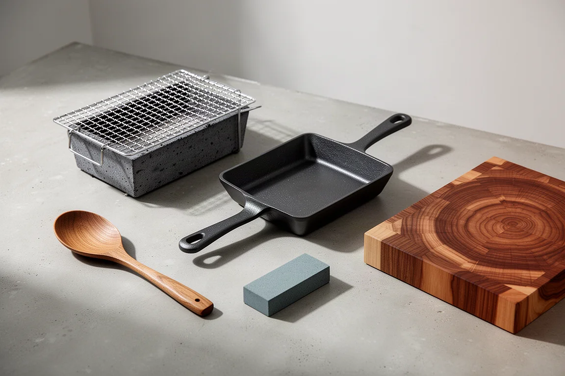 Curated arrangement of kitchen tools including a konro grill, omelet pan, chef's spoon, sharpening stone, and end grain cutting board