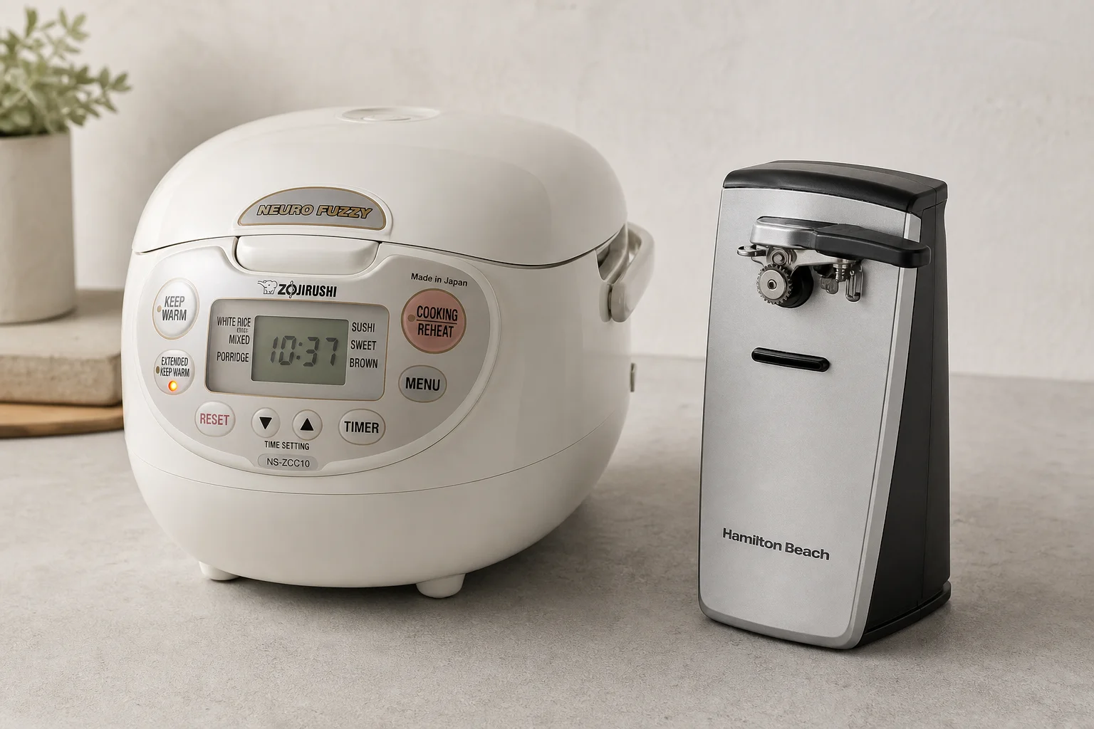 Zojirushi rice cooker and Hamilton Beach can opener on concrete surface