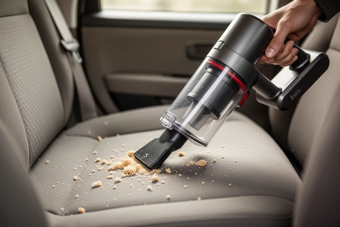 Ein Handstaubsauger wird verwendet, um Krümel von einem Autositze zu entfernen