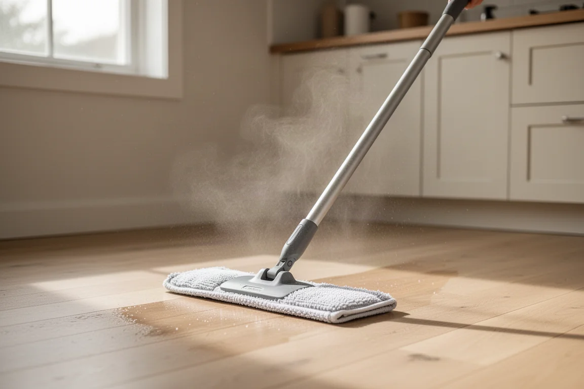 Ein Spray-Mop reinigt einen Küchenboden, ein feiner Sprühnebel ist sichtbar