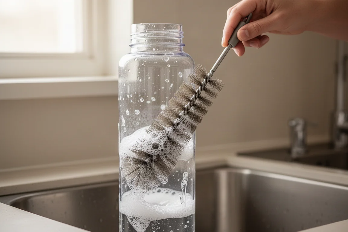 Eine Flaschenbürste schrubbt das Innere einer Wasserflasche an der Küchenspüle