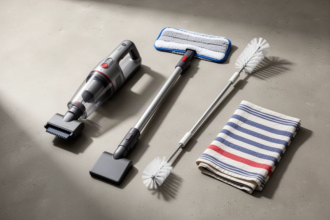 Flat lay of handheld vacuum, spray mop, bottle brush and dish towels on concrete surface