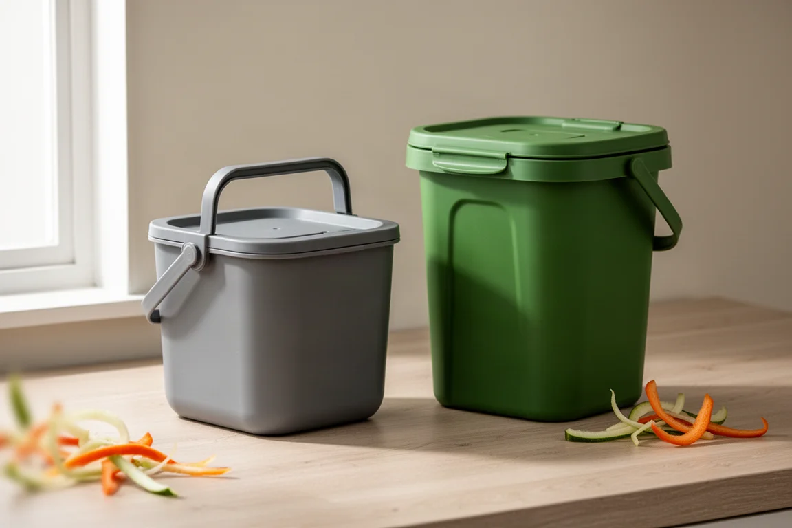 Two countertop compost bins side by side on a light wood kitchen counter