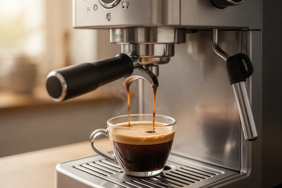 Espressomaschine zieht einen frischen Espresso in einer Privatküche