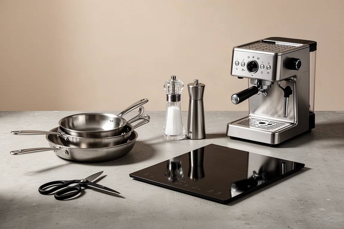 Five kitchen products including skillets, shears, pepper mills, an induction burner and an espresso machine arranged on concrete