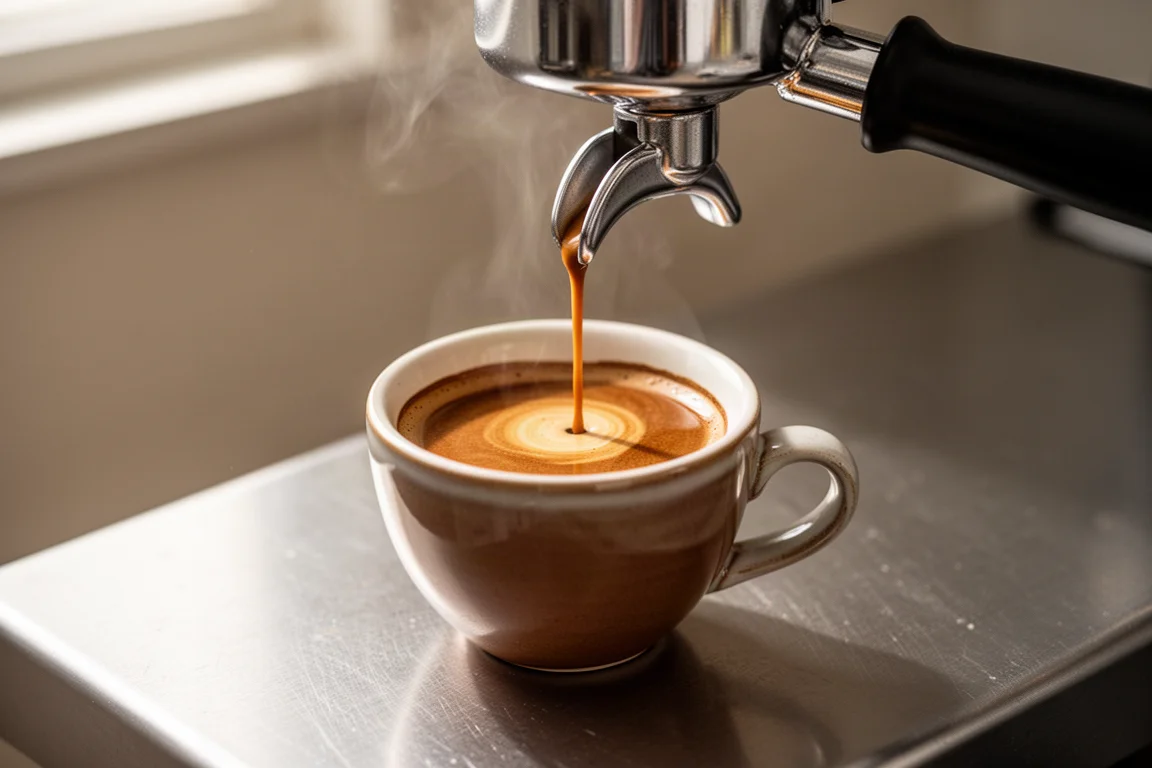 Espresso läuft aus einem Siebträger in eine kleine Tasse