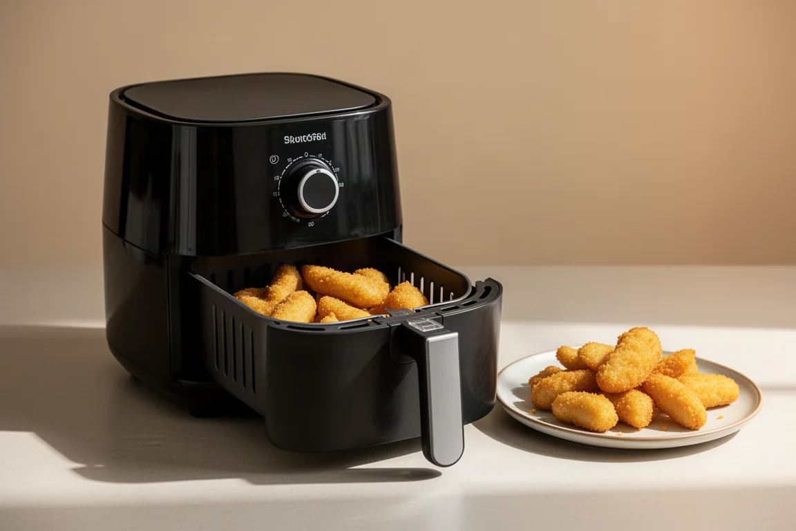 Knuspriges Gericht aus dem Air-Fryer-Korb auf einem Teller serviert