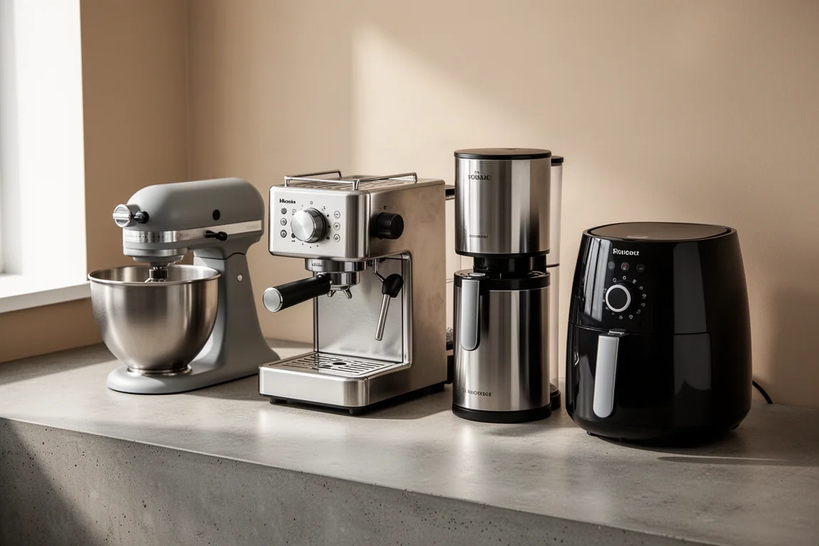 A lineup of small kitchen appliances including a stand mixer, espresso machine, coffee maker, and air fryer