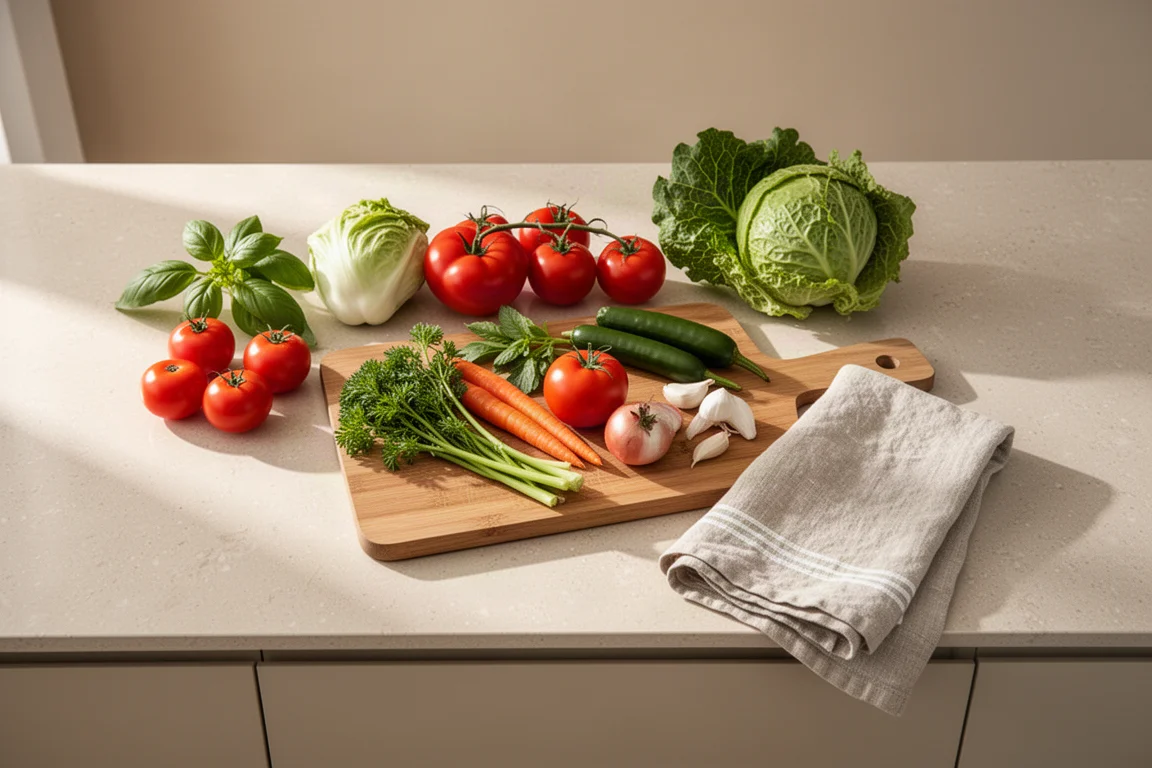 Bright kitchen counter with ingredients laid out for a cooking session