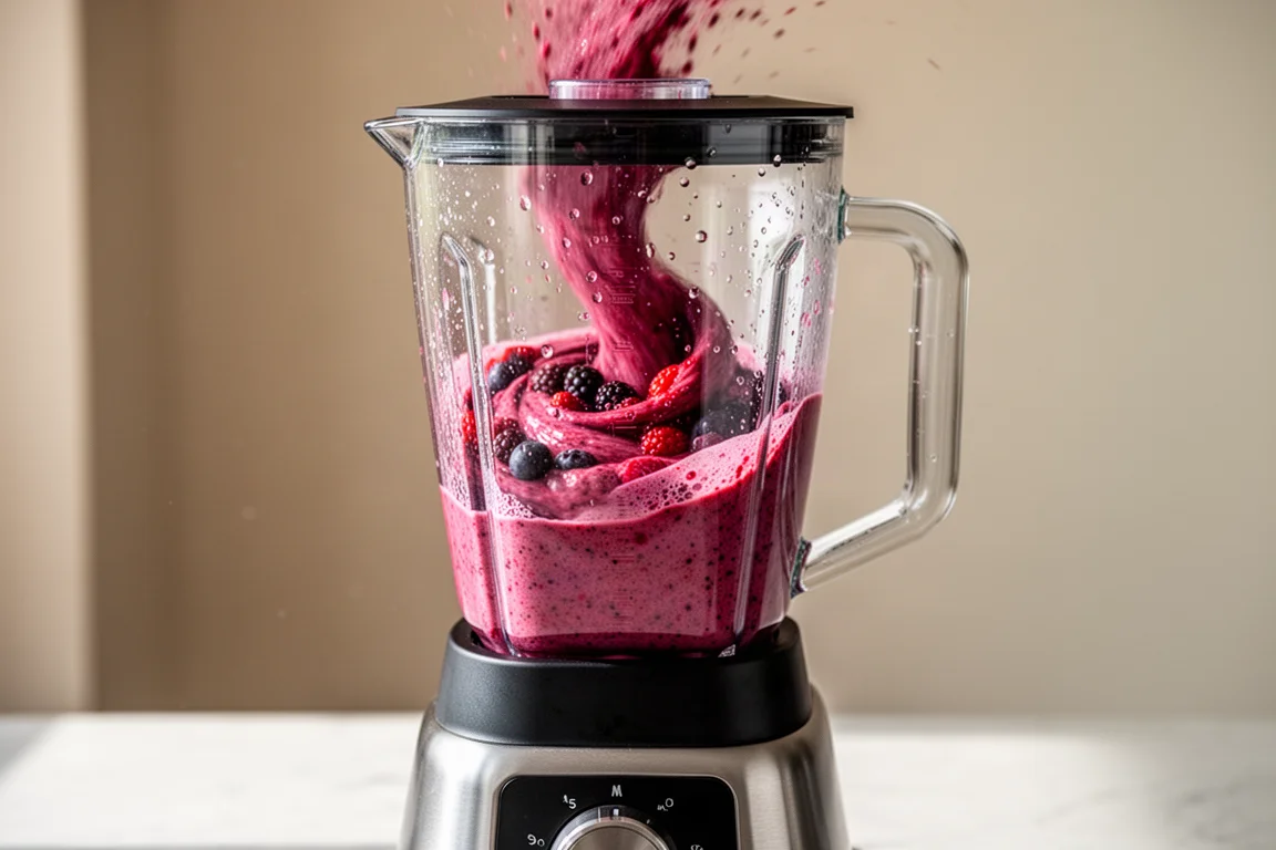 Immersion blender blending a green smoothie in a tall glass