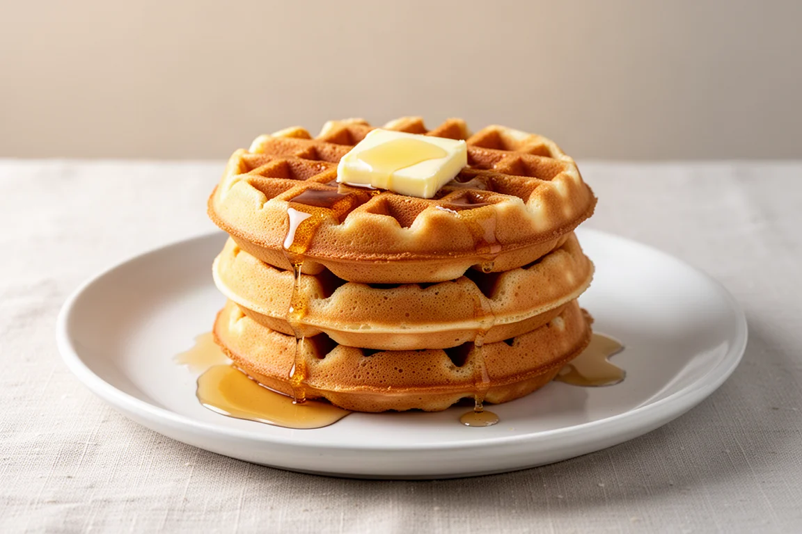 Fresh golden waffles stacked on a white plate