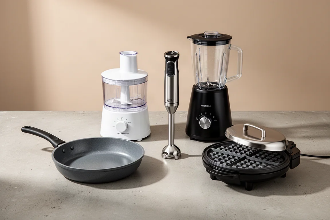 Collection of kitchen appliances and a skillet arranged on a concrete surface