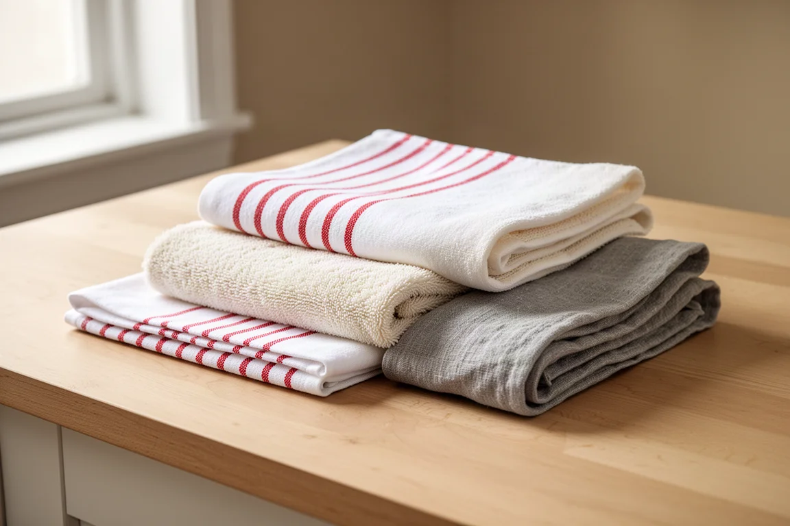 Three folded kitchen dish towels stacked on a wooden counter