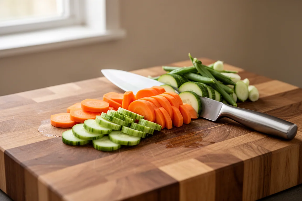 Chef slicing vegetables on a large wooden chopping board in a bright kitchen