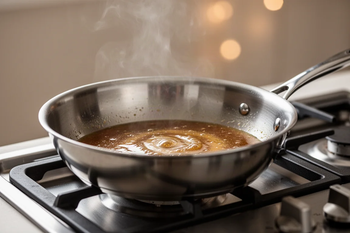 Deep stainless steel saute pan with sauce reducing on a stovetop